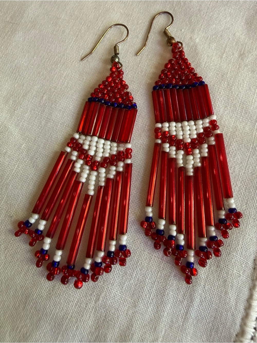 Patriotic Red White Blue Beaded Fringe Earrings - Women Jewelry